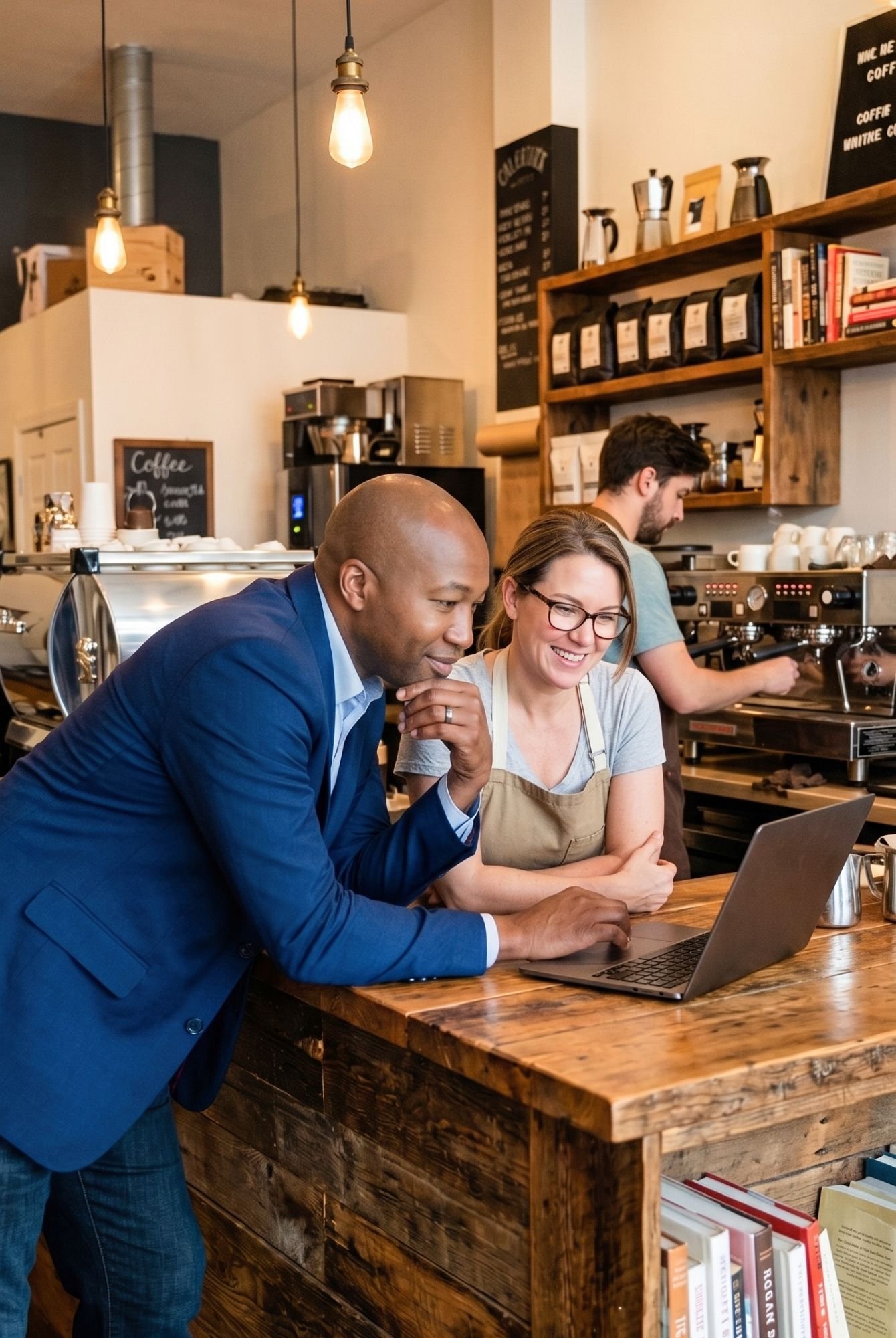 An IT advisor reviewing a laptop together with a small coffee shop owner at the counter of her cafe